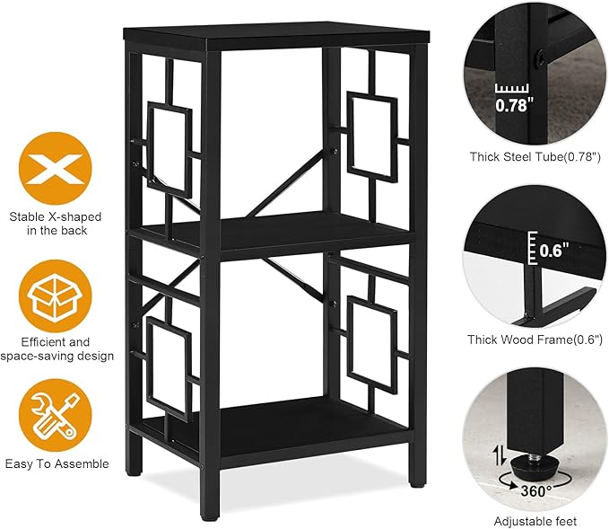 Small Bookshelf, 3 Tier Vintage Industrial Small Bookshelf for Small Spaces, Freestanding Open Shelf Bookcase, Versatile Bookshelf for Home Office, Bedroom & Living Room, Black - LeafyLoom