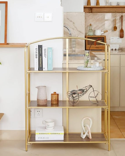 No Assembly Folding Bookshelf, 3 Tier Gold Bookshelf, Metal Book Shelf for Storage, Folding Bookcase for Office Organization and Storage, 12.87" D x 30.9" W x 42.33" H - LeafyLoom