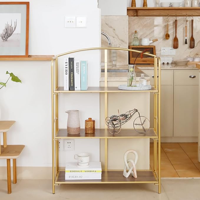 No Assembly Folding Bookshelf, 3 Tier Gold Bookshelf, Metal Book Shelf for Storage, Folding Bookcase for Office Organization and Storage, 12.87" D x 30.9" W x 42.33" H - LeafyLoom