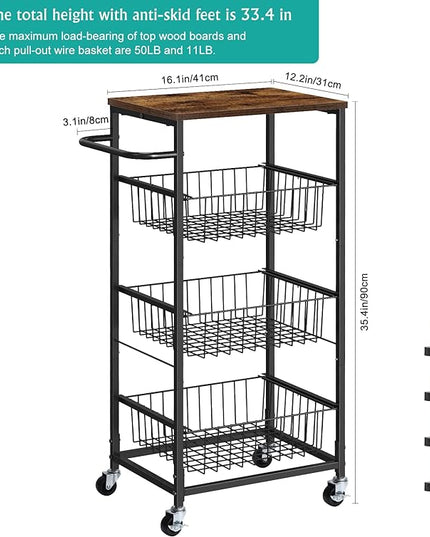 Kitchen Storage Cart on Wheels 4 Tier Utility Rolling Cart with Baskets Farmhouse Serving Cart with Handle Mesh Basket Pantry Cart Rack with Wooden Tabletop for Pantry Bathroom Office, Brown - LeafyLoom