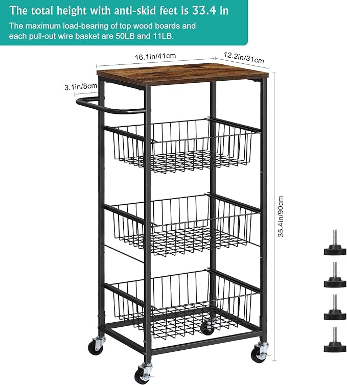 Kitchen Storage Cart on Wheels 4 Tier Utility Rolling Cart with Baskets Farmhouse Serving Cart with Handle Mesh Basket Pantry Cart Rack with Wooden Tabletop for Pantry Bathroom Office, Brown - LeafyLoom