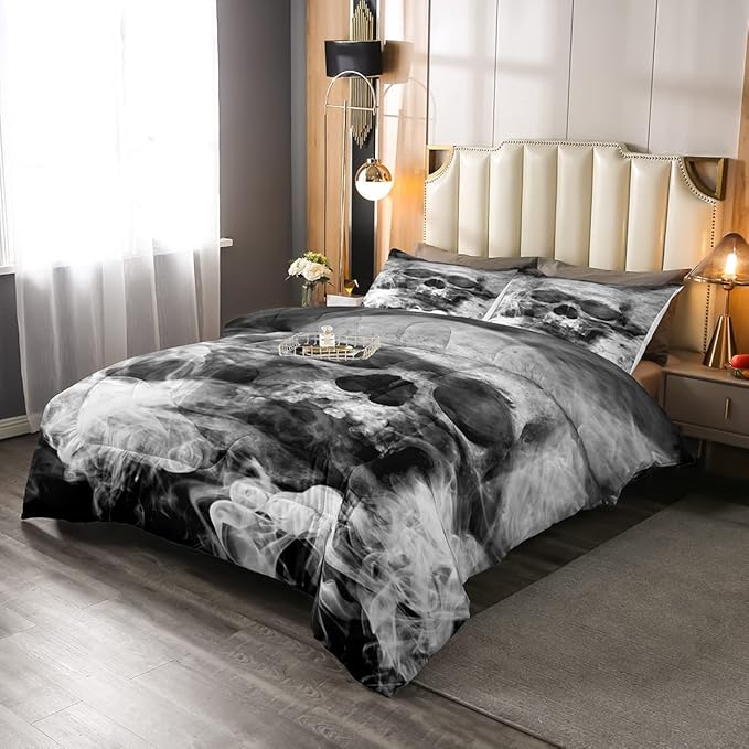 Erosebridal Skull Comforter Set King, Halloween Down Comforter, Gothic Fog Smoke Skull Skeleton Quilted Duvet, Grey Bedding Comforters for Young Man Boy Teens, Room Decorative, Soft Duvet Insert - LeafyLoom