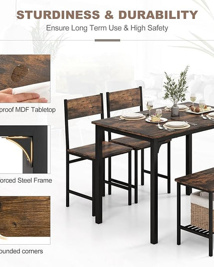 Dining Table Set for 4, Dinette Set w/Bench & Chairs, 2-Person Kitchen Table and Chairs w/Metal Frame & Storage Rack, Space-Saving Kitchen Table w/Bench for Apartment (Rustic Brown), Small - LeafyLoom