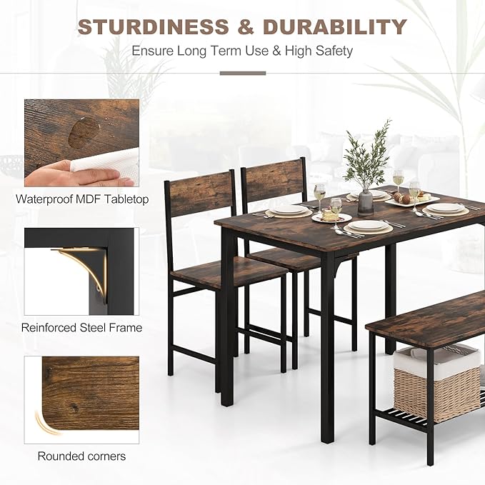 Dining Table Set for 4, Dinette Set w/Bench & Chairs, 2-Person Kitchen Table and Chairs w/Metal Frame & Storage Rack, Space-Saving Kitchen Table w/Bench for Apartment (Rustic Brown), Small - LeafyLoom