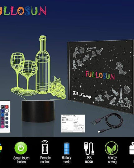 FULLOSUN Wine Bottle 3D Illusion Lamp, Bar Decoration Gifts Night Light for Xmas Holiday Birthday Gifts for Bar Shop Decor with Remote Control 16 Colors Changing + 4 Changing Mode + Dim Function - LeafyLoom