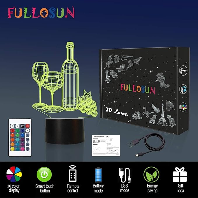 FULLOSUN Wine Bottle 3D Illusion Lamp, Bar Decoration Gifts Night Light for Xmas Holiday Birthday Gifts for Bar Shop Decor with Remote Control 16 Colors Changing + 4 Changing Mode + Dim Function - LeafyLoom