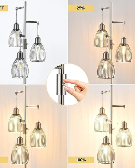 Dimmable Floor Lamp, Metal, 3 x 800LM LED Edison Bulbs Included, Industrial Floor Lamp Standing Tree Lamp with Elegant Teardrop Cage Heads Tall Lamps for Living Room Bedroom-Brushed Nickel - LeafyLoom