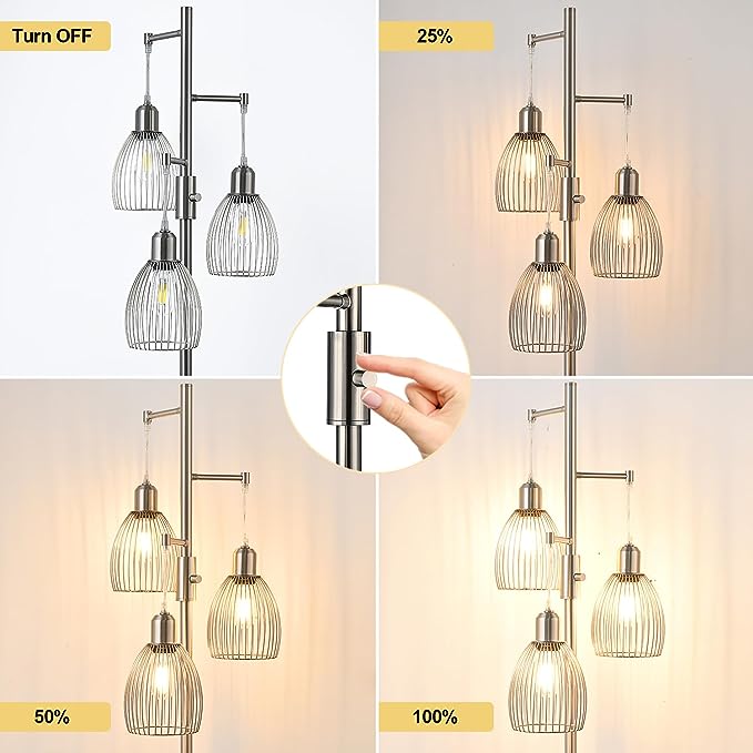 Dimmable Floor Lamp, Metal, 3 x 800LM LED Edison Bulbs Included, Industrial Floor Lamp Standing Tree Lamp with Elegant Teardrop Cage Heads Tall Lamps for Living Room Bedroom-Brushed Nickel - LeafyLoom