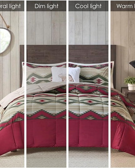 Woolrich Comforter Set, Cabin Lodge, Warm Cover for Colder Season, Modern Cottage-Inspired Down Alternative Ultra Soft Microfiber Bedding, Matching Sham, Southwestern Red Full/Queen 4 Piece - LeafyLoom
