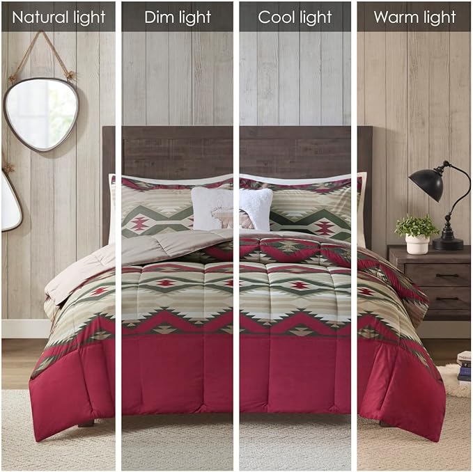 Woolrich Comforter Set, Cabin Lodge, Warm Cover for Colder Season, Modern Cottage-Inspired Down Alternative Ultra Soft Microfiber Bedding, Matching Sham, Southwestern Red Full/Queen 4 Piece - LeafyLoom