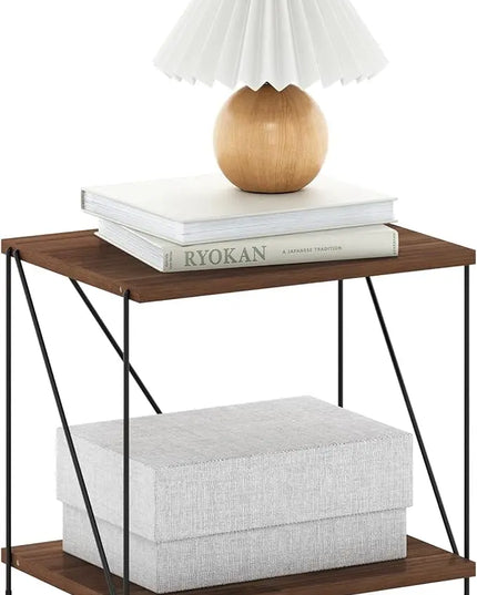 Furinno Besi Industrial Multipurpose Side Table with Metal Frame, Walnut Cove - LeafyLoom