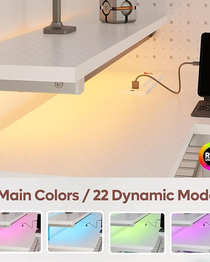 Bestier Small Gaming Desk with Power Outlets,42 L Shaped LED Computer Desk with Reversible Shelves,Corner Gamer Desk with Hooks USB Charging Port,Carbon Fiber White - LeafyLoom