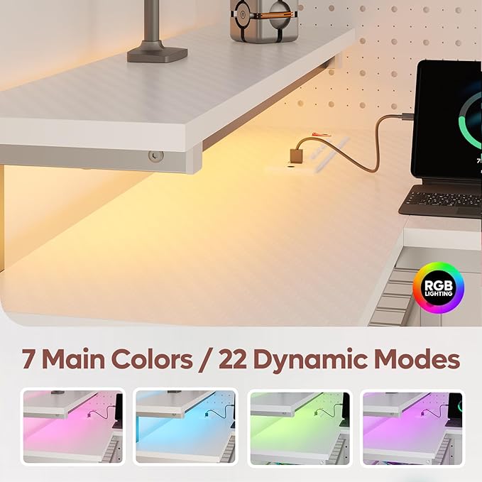 Bestier Small Gaming Desk with Power Outlets,42 L Shaped LED Computer Desk with Reversible Shelves,Corner Gamer Desk with Hooks USB Charging Port,Carbon Fiber White - LeafyLoom
