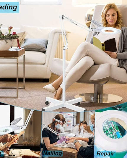 10X Magniyfing Floor Lamp with 4 Wheel Rolling Base for Estheticians 2,200 Lumens LED Magnifier Lighted Glass Lens, Adjustable Stand & Swivel Arm Floor Lamp for Reading, Crafts, Tasks-White - LeafyLoom