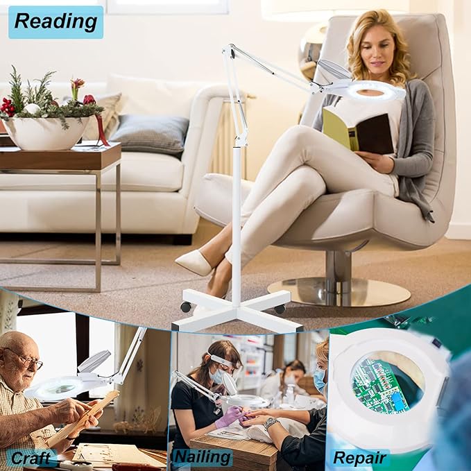 10X Magniyfing Floor Lamp with 4 Wheel Rolling Base for Estheticians 2,200 Lumens LED Magnifier Lighted Glass Lens, Adjustable Stand & Swivel Arm Floor Lamp for Reading, Crafts, Tasks-White - LeafyLoom