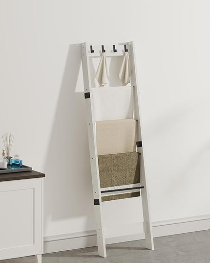 6 Tier Blanket Ladder Shelf for Living Room and Bedroom, Ladder Holder with 4 Metal Hooks, 5.2ft Blanket Quilt Holder Rack, Farmhouse Ladder Rack for Storage and Home Decor, White - LeafyLoom