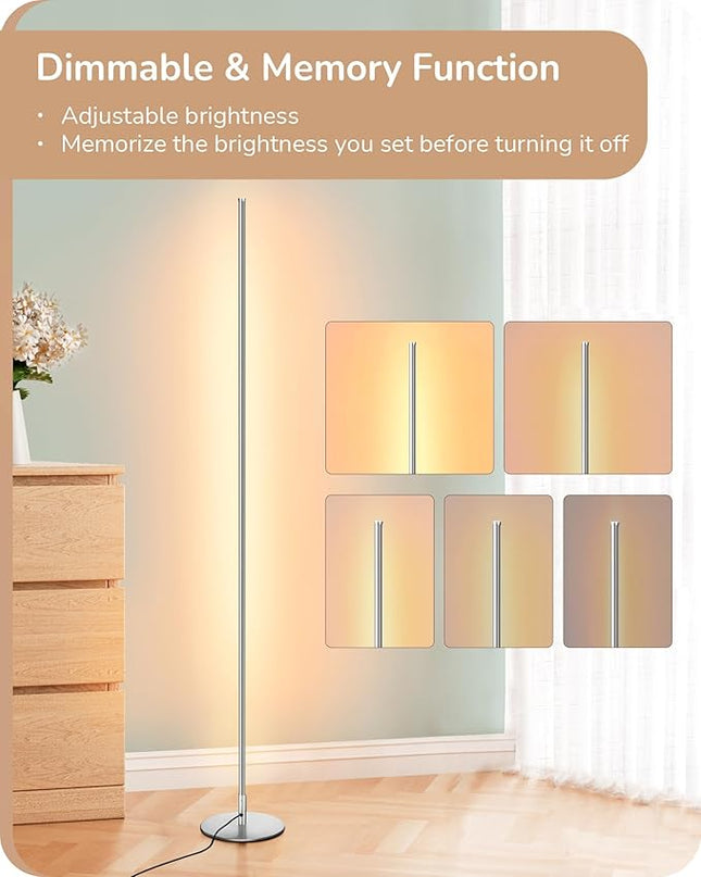 EDISHINE LED Corner Floor Lamp with Remote, 57.5" Minimalist Dimmable Slim Light Pole, Standing Tall Mood Lamp for Living Room, Bedroom, Office, 3000K Warm White Light (Silver) - LeafyLoom