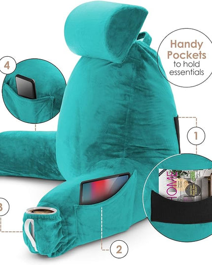 Clara Clark Reading Pillow, Large Back Pillow for Sitting Up in Bed, Memory Foam Back Support Pillow, Reading Pillows for Sitting in Bed Adult, Teal Sit Up Pillow for Bed Chair with Arms and Pockets - LeafyLoom