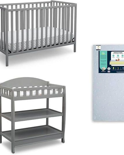 Delta Children Heartland 4-in-1 Convertible Crib Infant Changing Table with Pad + Serta Perfect Start Crib Mattress, Grey - LeafyLoom