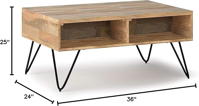 SIMPLIHOME Hunter SOLID MANGO WOOD and Metal 36 inch Wide Rectangle Industrial Contemporary Small Lift Top Coffee Table in Natural, for the Living Room and Family Room - LeafyLoom