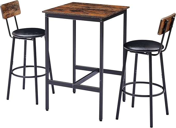 2 PU Soft Seat with Backrest & Footrest, Counter Height Stools for Apartment Dining Room Kitchen or Small Space Easy to Assemble Rustic Brown, 3-Piece Square Bar Table Set - LeafyLoom
