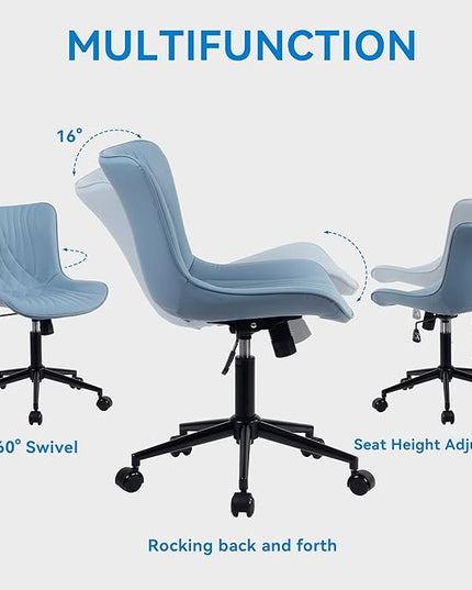 YOUNIKE Office Chair, Armless Desk Chair with Wheels, Aesthetic Home Office Computer Task Chairs, Modern Faux Leather Upholstered Vanity Chair, Adjustable Swivel Rocking Chair with Back, Blue - LeafyLoom