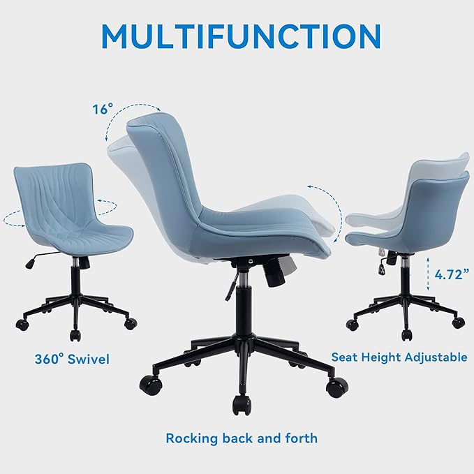 YOUNIKE Office Chair, Armless Desk Chair with Wheels, Aesthetic Home Office Computer Task Chairs, Modern Faux Leather Upholstered Vanity Chair, Adjustable Swivel Rocking Chair with Back, Blue - LeafyLoom
