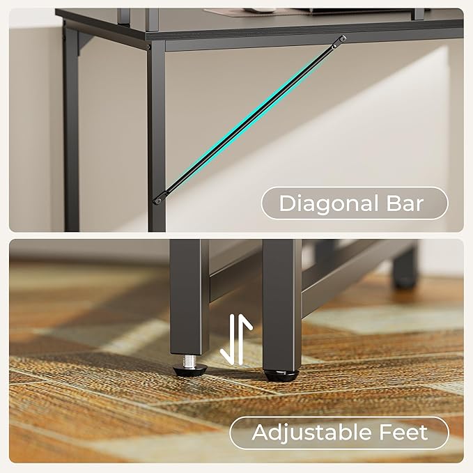 SUPERJARE 47 inch Computer Desk with LED Lights & Power Outlets, Home Office Desk with Monitor Shelf, Small Desk for Home & Office, Black - LeafyLoom