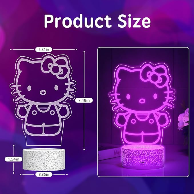 Kitty Night Light Room Decor Gift, Cute Birthday Gifts for Baby Girls Kids, Kitty LED Light for Bedroom Decorations, Kitty Lamp with Remote Control, Dimmer, Timer, RGB Light, 3D Cute Stickers - LeafyLoom