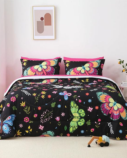 Girls Butterfly Comforter Set Queen Size Colorful Flowers Leaves Bedding Set for Kids Teens Adults Black 7 Piece Bed in A Bag Super Soft All Season - LeafyLoom