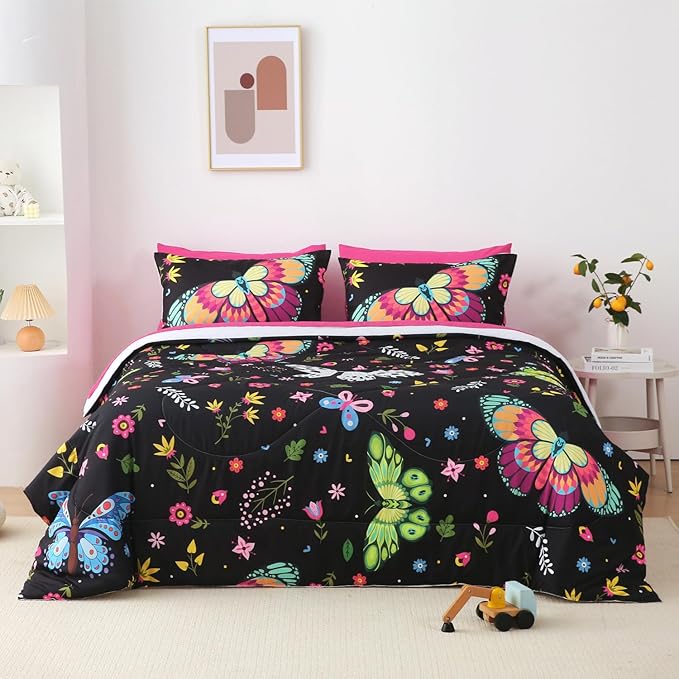 Girls Butterfly Comforter Set Queen Size Colorful Flowers Leaves Bedding Set for Kids Teens Adults Black 7 Piece Bed in A Bag Super Soft All Season - LeafyLoom