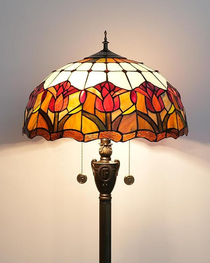Tiffany Floor Lamp Red Tulip Style Stained Glass lamp for Living Room Bedroom Office Bright Lighting Rustic Corner Deco Standing Tall Unique Vintage Reading Unique Bronze Reading Aesthetic - LeafyLoom