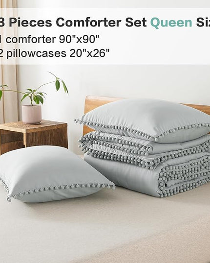 Litanika Queen Size Comforter Set Light Grey,3 Pieces Light Grey Boho Pom Pom Lightweight Bed Comforter, All Season Soft Solid Color Bedding Comforter Sets (1 Comforter 90x90 Inch, 2 Pillowcases) - LeafyLoom