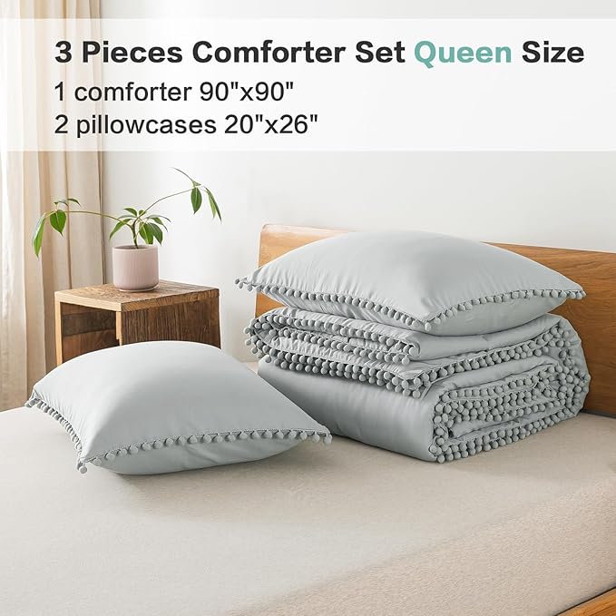 Litanika Queen Size Comforter Set Light Grey,3 Pieces Light Grey Boho Pom Pom Lightweight Bed Comforter, All Season Soft Solid Color Bedding Comforter Sets (1 Comforter 90x90 Inch, 2 Pillowcases) - LeafyLoom
