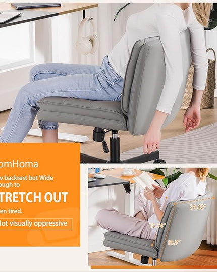 COMHOMA Criss Cross Chair with Wheels, Armless Wide Cross Legged Office Chair Mid Back, Modern Home Office Desk Chair Swivel Adjustable Vanity Computer Chair, Gray - LeafyLoom