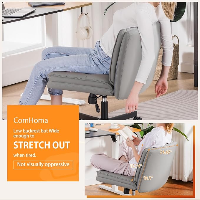 COMHOMA Criss Cross Chair with Wheels, Armless Wide Cross Legged Office Chair Mid Back, Modern Home Office Desk Chair Swivel Adjustable Vanity Computer Chair, Gray - LeafyLoom