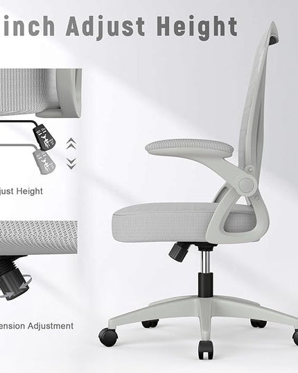 naspaluro Ergonomic Office Chair, Mid Back Desk Chair with Adjustable Height, Swivel Chair with Flip-Up Arms and Lumbar Support, Breathable Mesh Computer Chair for Home/Study/Working, Grey - LeafyLoom
