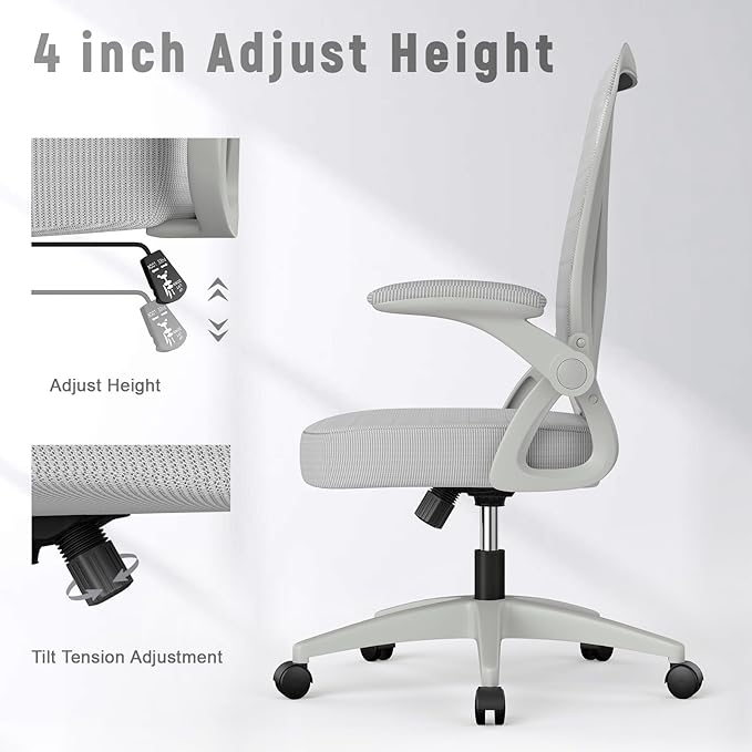 naspaluro Ergonomic Office Chair, Mid Back Desk Chair with Adjustable Height, Swivel Chair with Flip-Up Arms and Lumbar Support, Breathable Mesh Computer Chair for Home/Study/Working, Grey - LeafyLoom