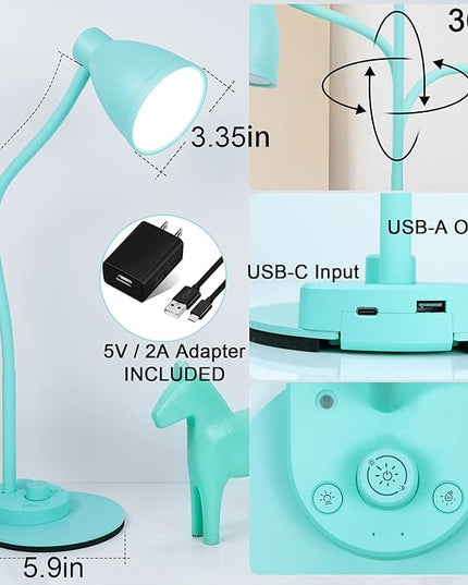 BOHON LED Desk Lamp with USB Charging Port, 3 Color Modes Fully Dimmable Reading Lamp, Auto Dimming Task Lamp, Flexible Gooseneck Table Light for Office Dorm Bedside, Adapter Include, Teal - LeafyLoom