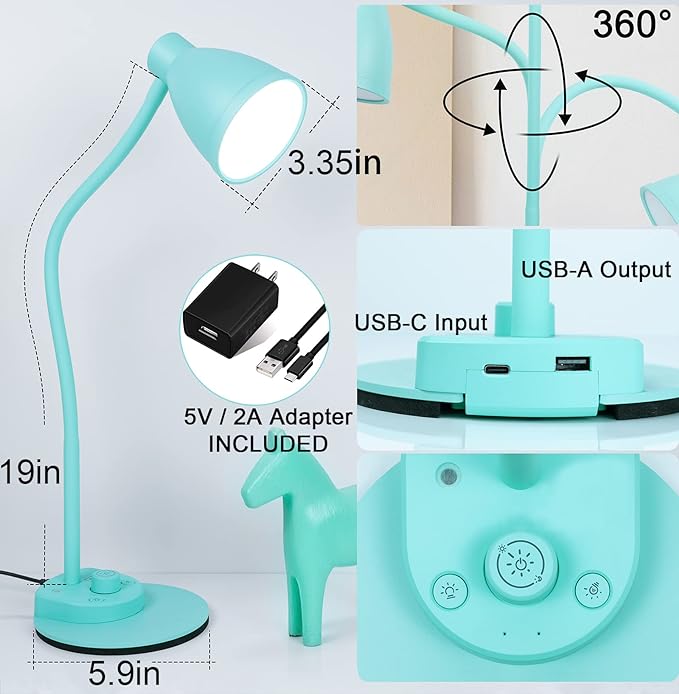 BOHON LED Desk Lamp with USB Charging Port, 3 Color Modes Fully Dimmable Reading Lamp, Auto Dimming Task Lamp, Flexible Gooseneck Table Light for Office Dorm Bedside, Adapter Include, Teal - LeafyLoom