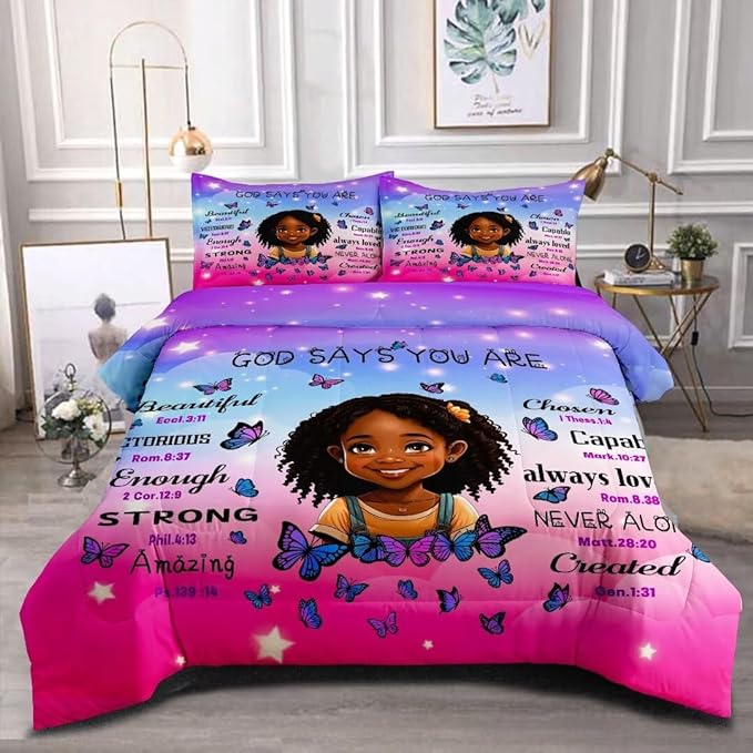 Black Girl Comforter Set Queen for Kids Teens,God Says You are Comforter Set for Black Women,Black Girl Magic Bedding Set,African American Girl Bed Bedroom Set - LeafyLoom