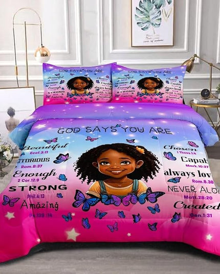Black Girl Comforter Set Twin for Kids Teens,God Says You are Comforter Set for Black Women,Black Girl Magic Bedding Set,African American Girl Bed Bedroom Set - LeafyLoom