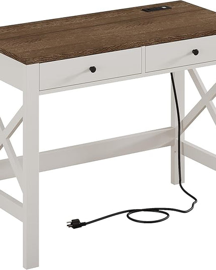 ChooChoo Farmhouse Desk with USB Charging Ports and Power Outlets, 39" Computer Desk with Drawers, Small Study Writing Table with Stable X Frame for Home Office - LeafyLoom