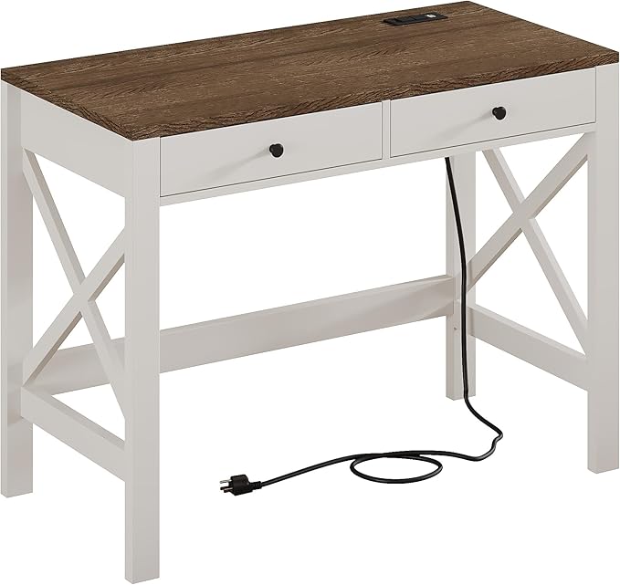 ChooChoo Farmhouse Desk with USB Charging Ports and Power Outlets, 39" Computer Desk with Drawers, Small Study Writing Table with Stable X Frame for Home Office - LeafyLoom