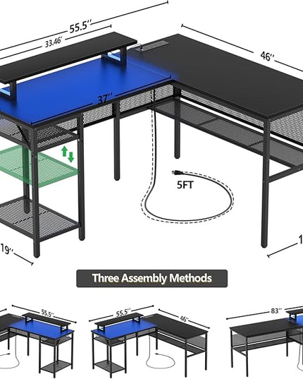 Unikito L Shaped Desk, Reversible Corner Computer Desk with Magic Power Outlets and Smart LED Light, Unique Grid Design, 55 Inch Office Desk with Monitor Stand and Storage Shelf, Black - LeafyLoom