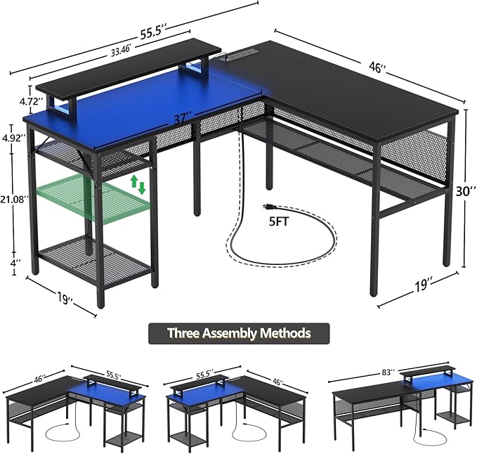 Unikito L Shaped Desk, Reversible Corner Computer Desk with Magic Power Outlets and Smart LED Light, Unique Grid Design, 55 Inch Office Desk with Monitor Stand and Storage Shelf, Black - LeafyLoom