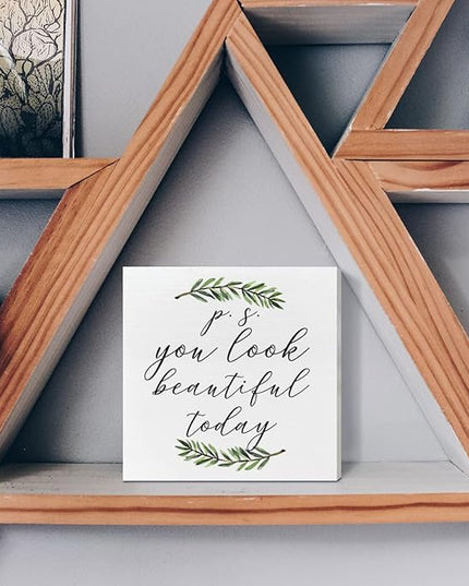 Home Office Desk Wooden Box Sign Decor, You Look Beautiful Today, Inspirational Quotes Desk Decor Motivational Desk Decorations for Women Girls Teens Student Office Classroom School - LeafyLoom
