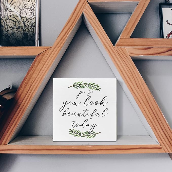 Home Office Desk Wooden Box Sign Decor, You Look Beautiful Today, Inspirational Quotes Desk Decor Motivational Desk Decorations for Women Girls Teens Student Office Classroom School - LeafyLoom