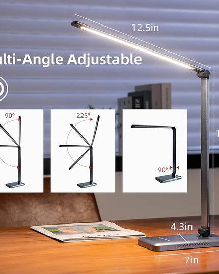LED Desk Lamp, 5 Levels Dimmable Table Lamp Reading Lamp with USB Charging Port, 5 Lighting Modes, 30 Minutes Auto-Off Timer, Study Lamp, Eye-Caring Office Lamp with Night Light - LeafyLoom