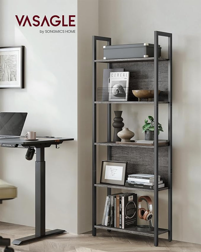 VASAGLE 5-Tier Bookshelf, Book Shelf, Industrial Bookcase, with Steel Frame, for Living Room, Home Office, Bedroom, 9.4 x 24.4 x 65 Inches, Charcoal Gray and Black ULLS025B04 - LeafyLoom